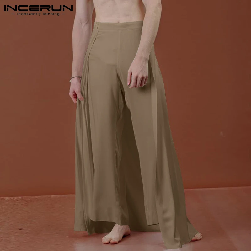 INCERUN 2024 Men Pants Loose Elastic Waist Streetwear Solid Color Wide Leg Trousers Men Translucent Casual Irregular Pants S-5XL