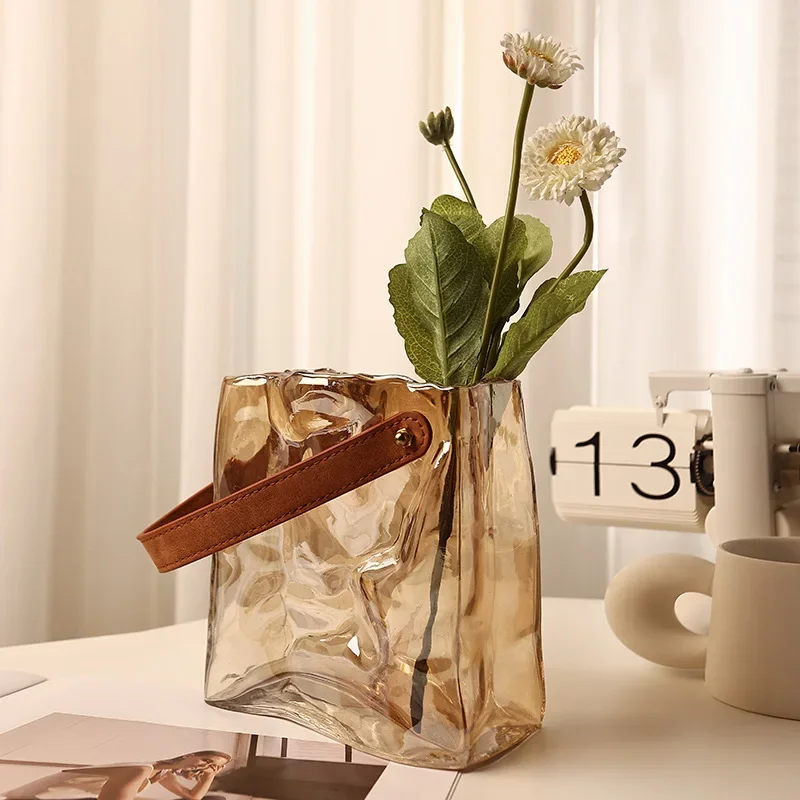 Glass Vase Bag Shape Leather Handbag Terrarium Transparent Hydroponics Flower Pot Home Decoration Accessories Luminous Vase