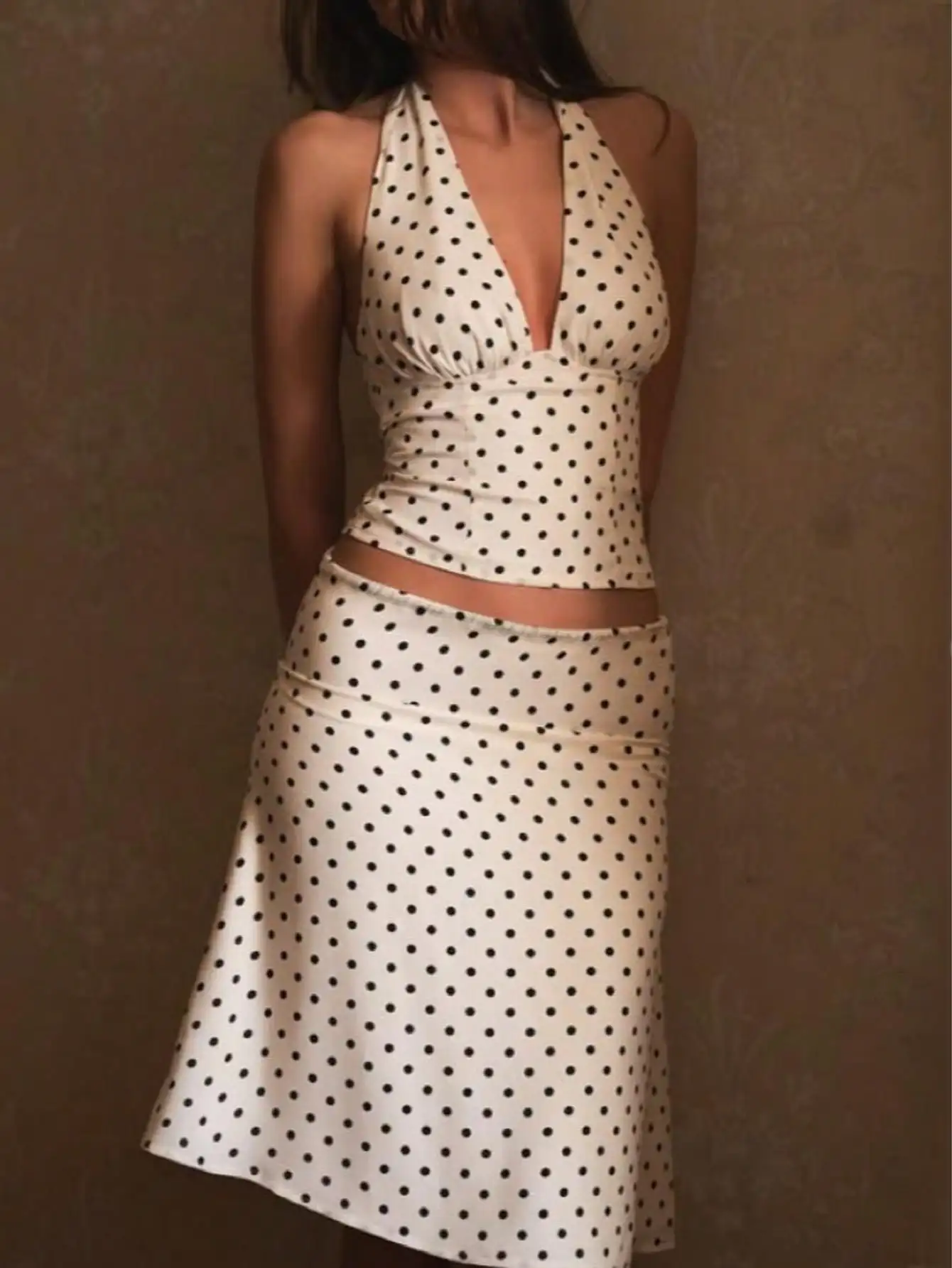 

Женский комплект из двух предметов в горошек с вырезом халтер, топ с драпировкой и юбка миди, стиль Y2K для летних вечеринок