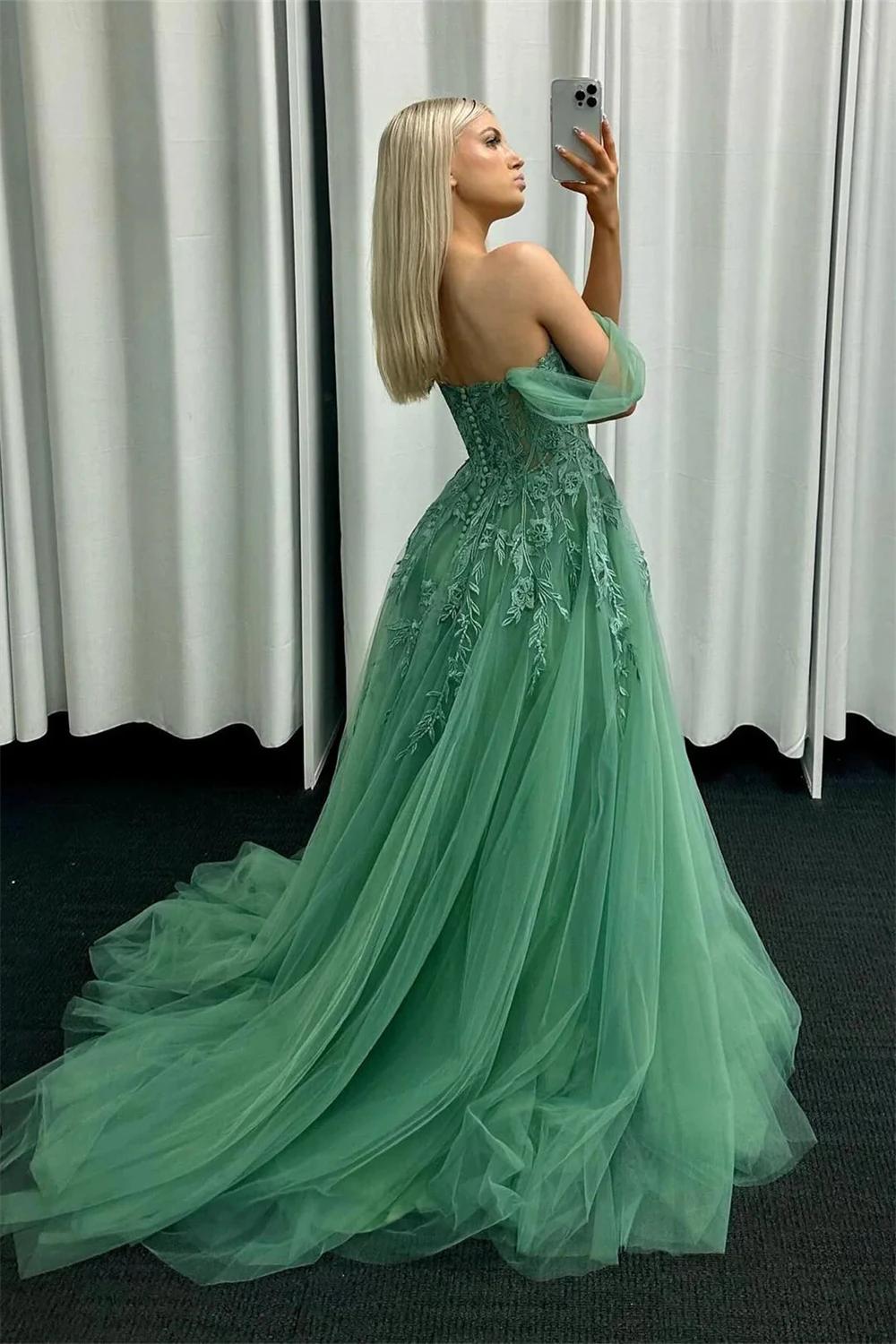 Sexy Floral Sage Green Prom Formal Dress Charming Off the Shoulder Embroidery Strapless A-Line Party Gown Customized