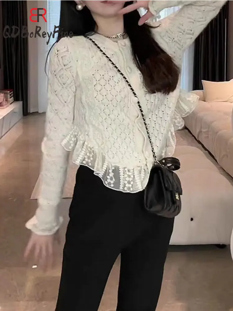 Beige Women Cropped Cardigan with Lace Long Sleeve Office Lady Vintage Knitted Cardigan Sweater for Women 2024 Chic Tops Female