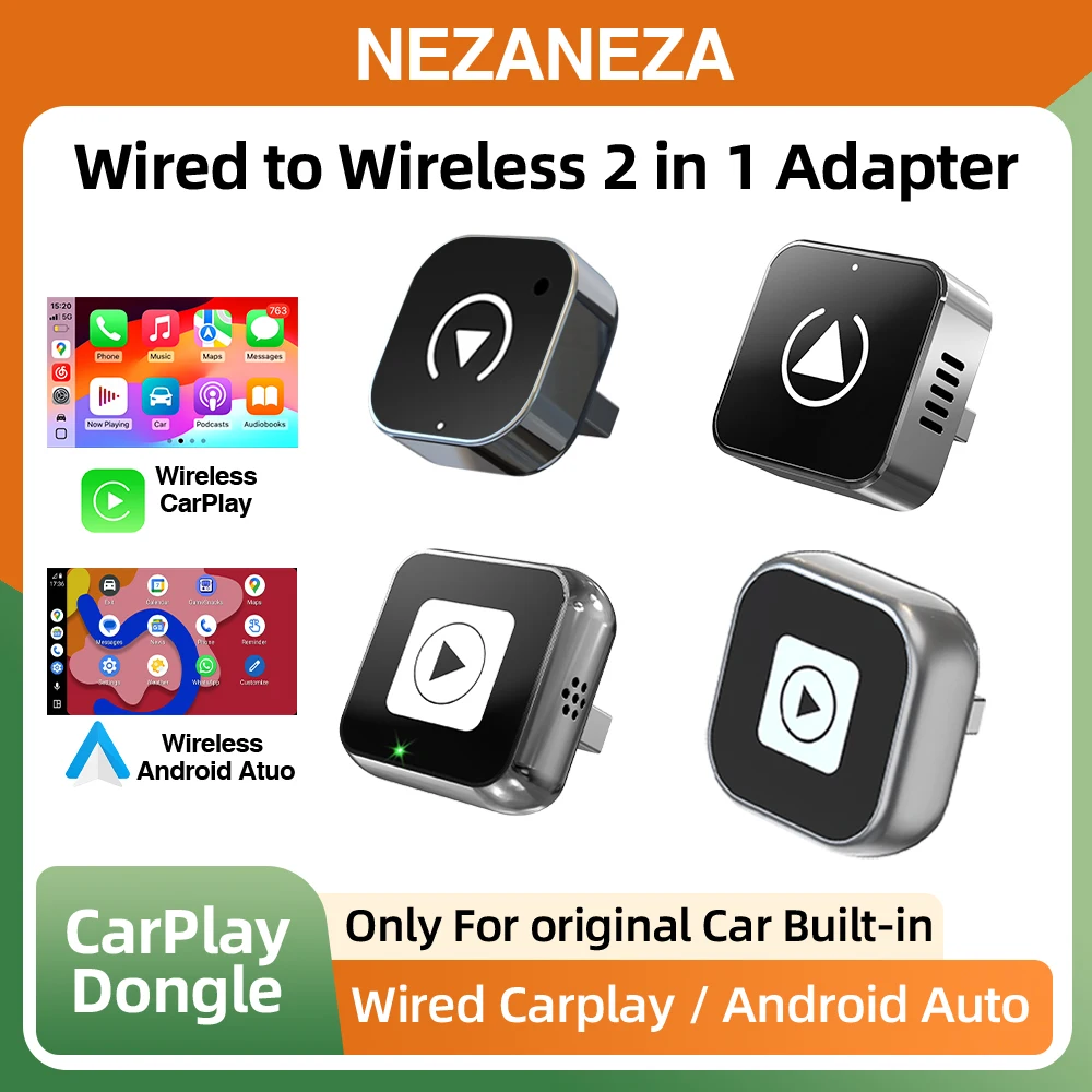 2IN1 CarPlay Adapter Wired to Wireless CarPlay Android Auto BT Wifi Plug and Play OTA Upgrade Universal ABS/Alloy Car Dongle