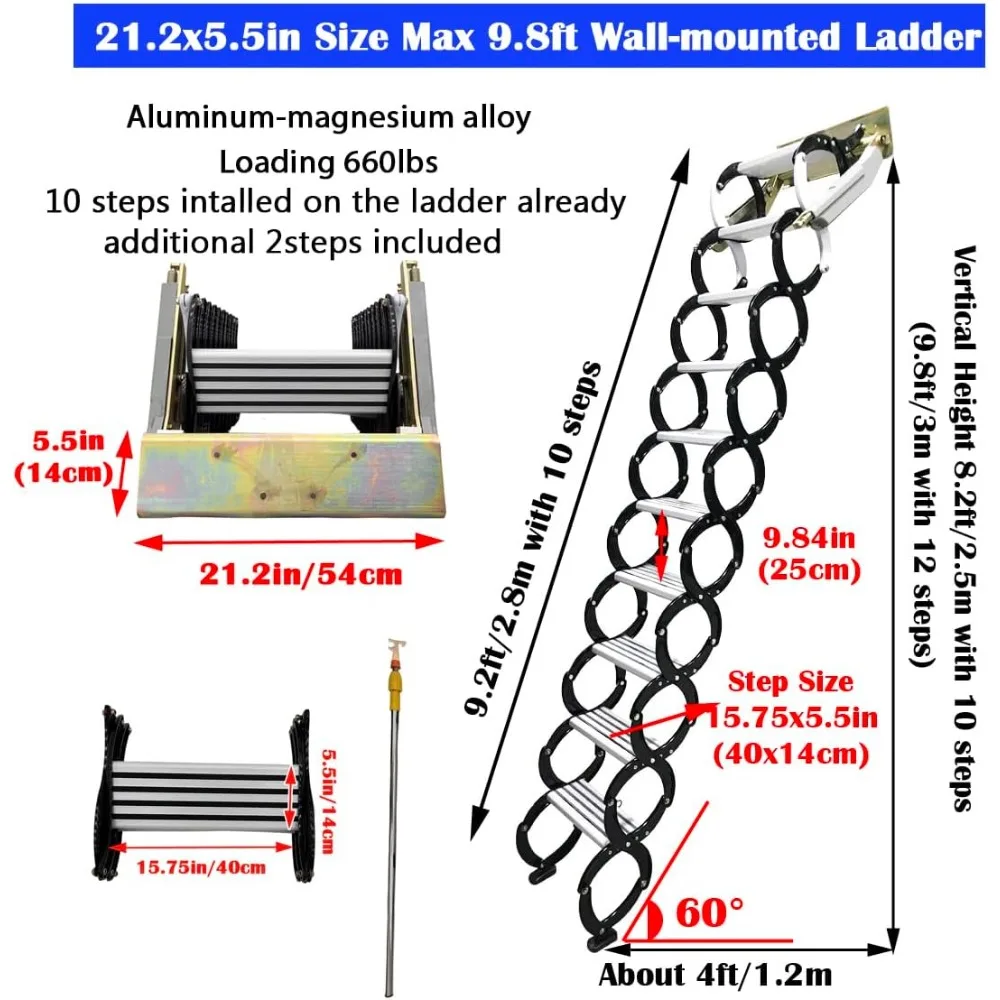 Black Folding Ladder Extension Loft Stairs Narrow Wall-Mounted Attic Loft Stairs Attic Stairs 8.2-9.8ft Vertial Height Pulldown