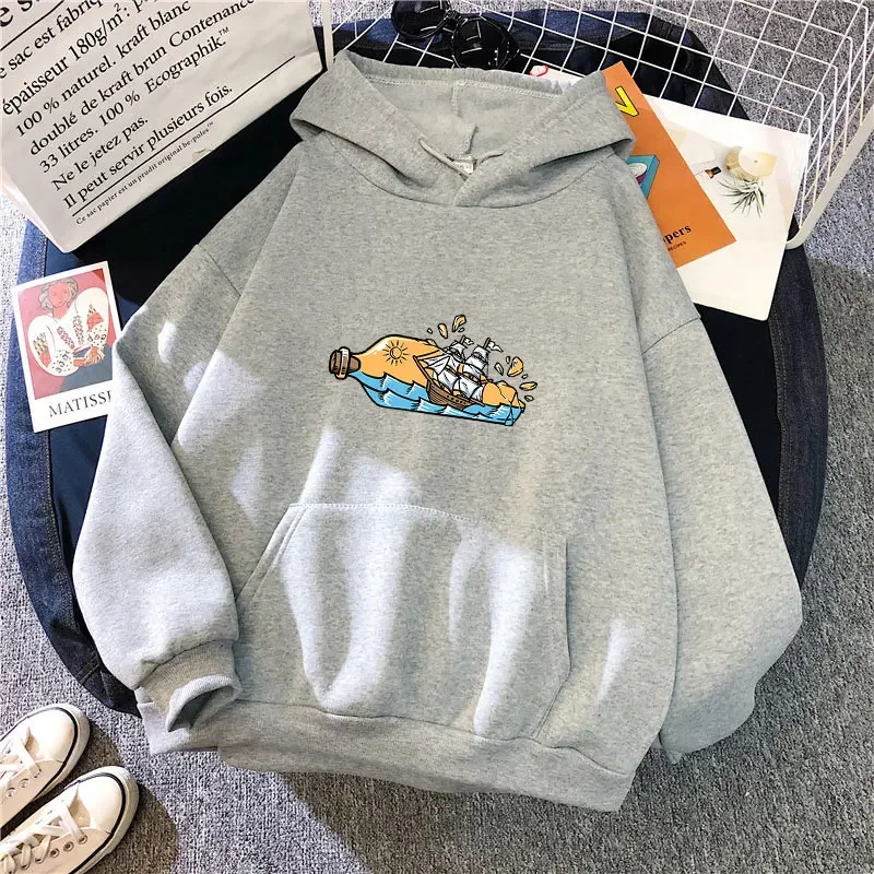 Uitzicht op het schip in de fles Print Hoodies voor casual vrouwen Hip Hop 2025, herfst winter streetwear hoody sweatshirts met lange mouwen