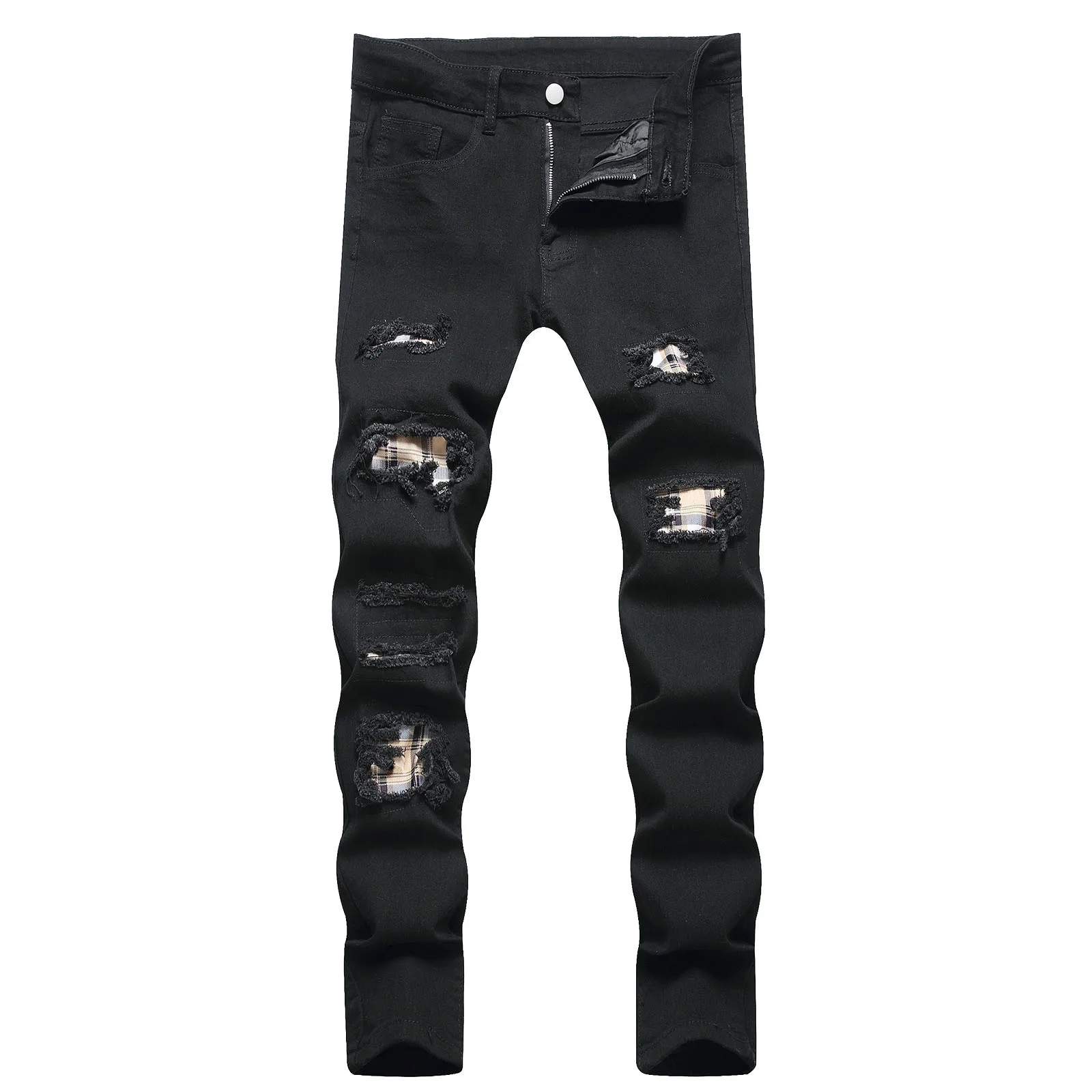 Men'S Jeans Stretchy Fashion Straight Slim Fit Jeans Summer Hole Ripped Thin Pants Straight Jean Y2k Punk Long Trousers