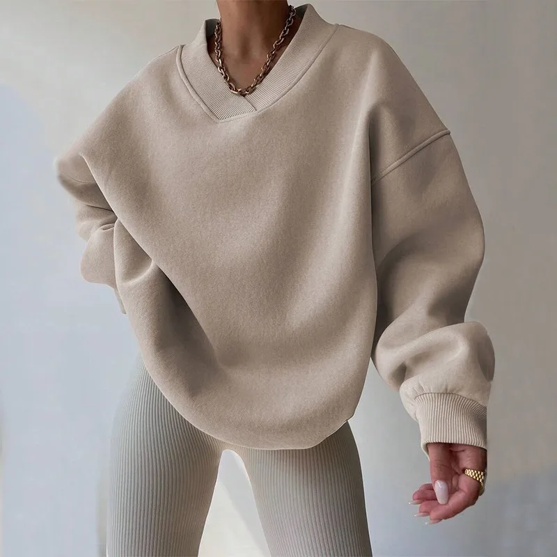 Sudaderas lisas de moda para mujer, jersey informal Harajuku de gran tamaño, sudaderas con capucha holgadas grises con cuello de pico, ropa de calle gótica coreana