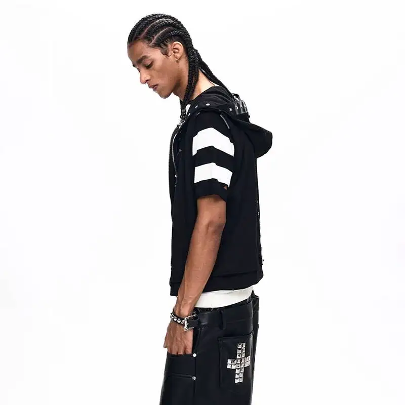 LUZHEN 2026 New Original Streetwear Leather Patchwork Back Hooded Sleeveless Vest Jacket Men's Fashion Handsome Waistcoat JY6529