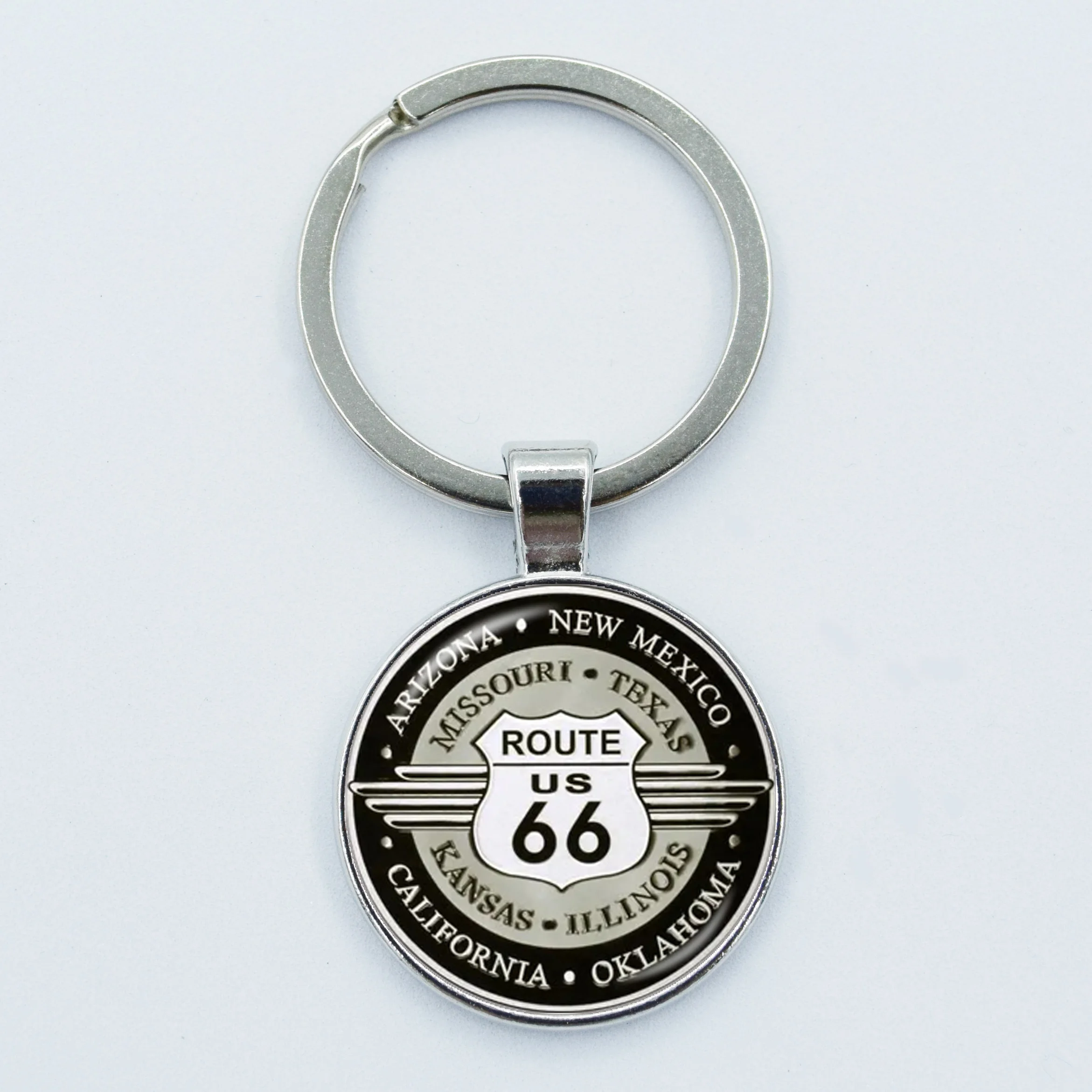 Fashion ROUTE 66 Keychain Motorcycle Car Key Chain Handmade Art Photo Glass Dome Key Ring Holder Women Men Jewelry Chaveiro