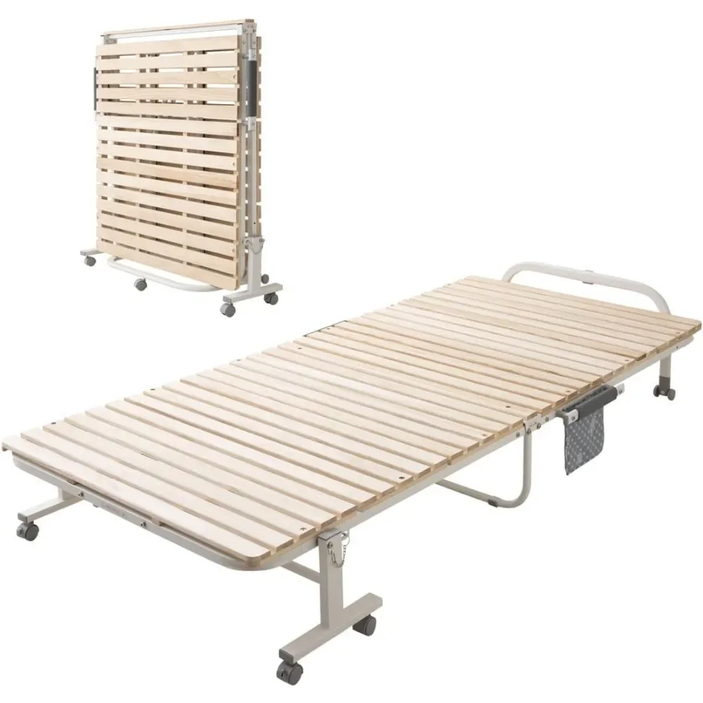 Wooden Slatted Folding Bed Frame Twin, Foldable Rollaway Sturdy Paulownia Japanese Futon Mattress Tatami Natural No Box Spring