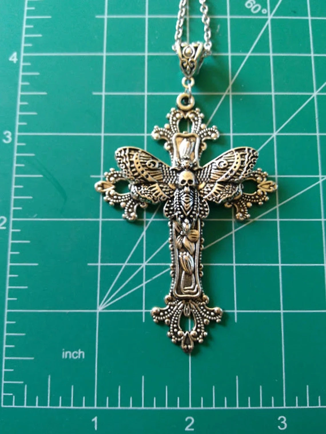 Large Moth Cross Necklace Pendant Floral Filigree Victorian Vintage Gothic Style Great Gift for Her Protection Amulet