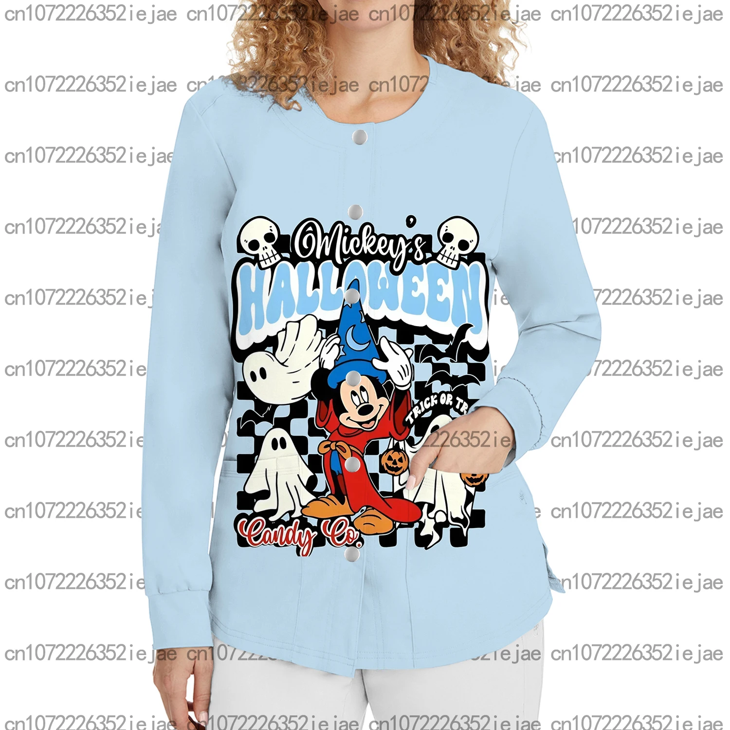 زي عمل نسائي من ديزني للهالوين ميكي مطبوع برقبة دائرية وزر فرك علوي لمتجر الحيوانات الأليفة وصالونات التجميل