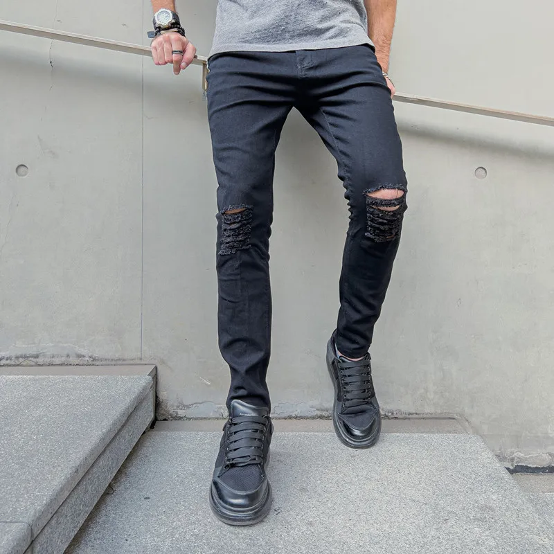 New Men Hip hop Style Ripped Skinny Jeans Men Stylish Slim Holes Pencil Denim Pants