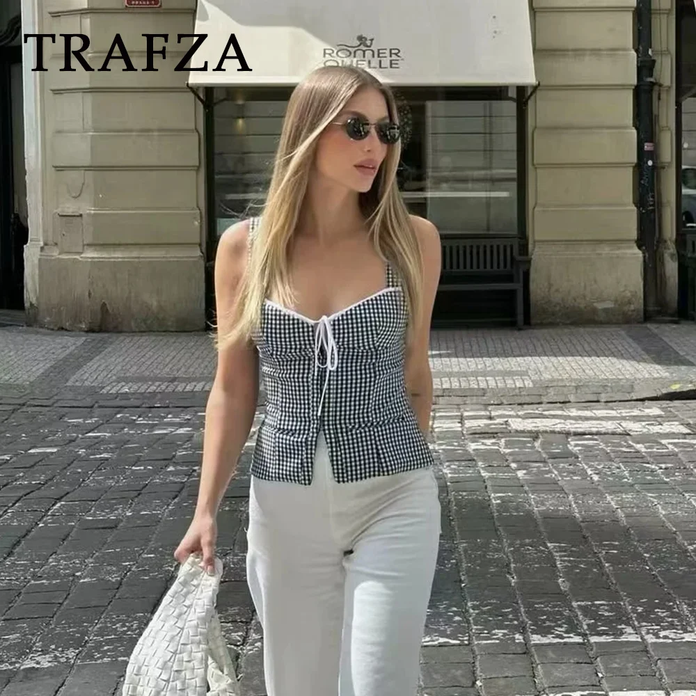 TRAFZA 2024 Spring Summer Casual Plaid Cami Fashion Streetwear BOWtie Sleeveless Short Ladies Tops Chic Vintage Girls Tops