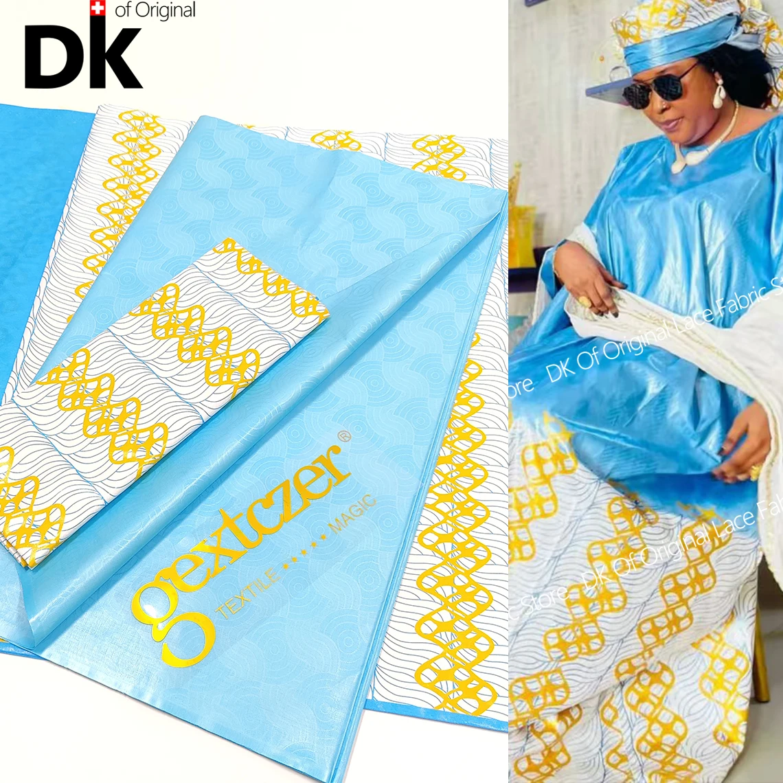 

Sky Blue 2.5 Yards Prints Baizn With 2.5 Yards Plain Bazin For African Guinea Women Wedding Party Dress Sewing Basin Fabric