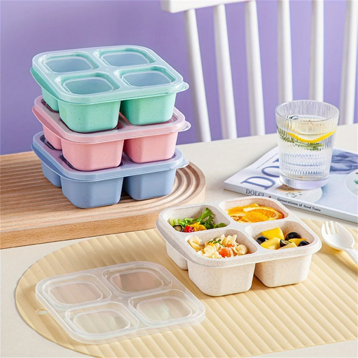 Eco-Friendly 4-Section Bento Lunch Box With Clear Cover - Ideal For Snacks, Fruits & Tea