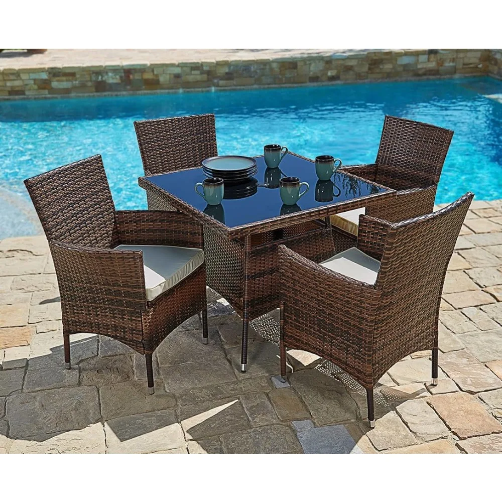 5 Piece Outdoor Dining Set All-Weather Wicker Patio Table Chairs Cushions,Square Tempered Glass Tabletop Garden Furniture Sets