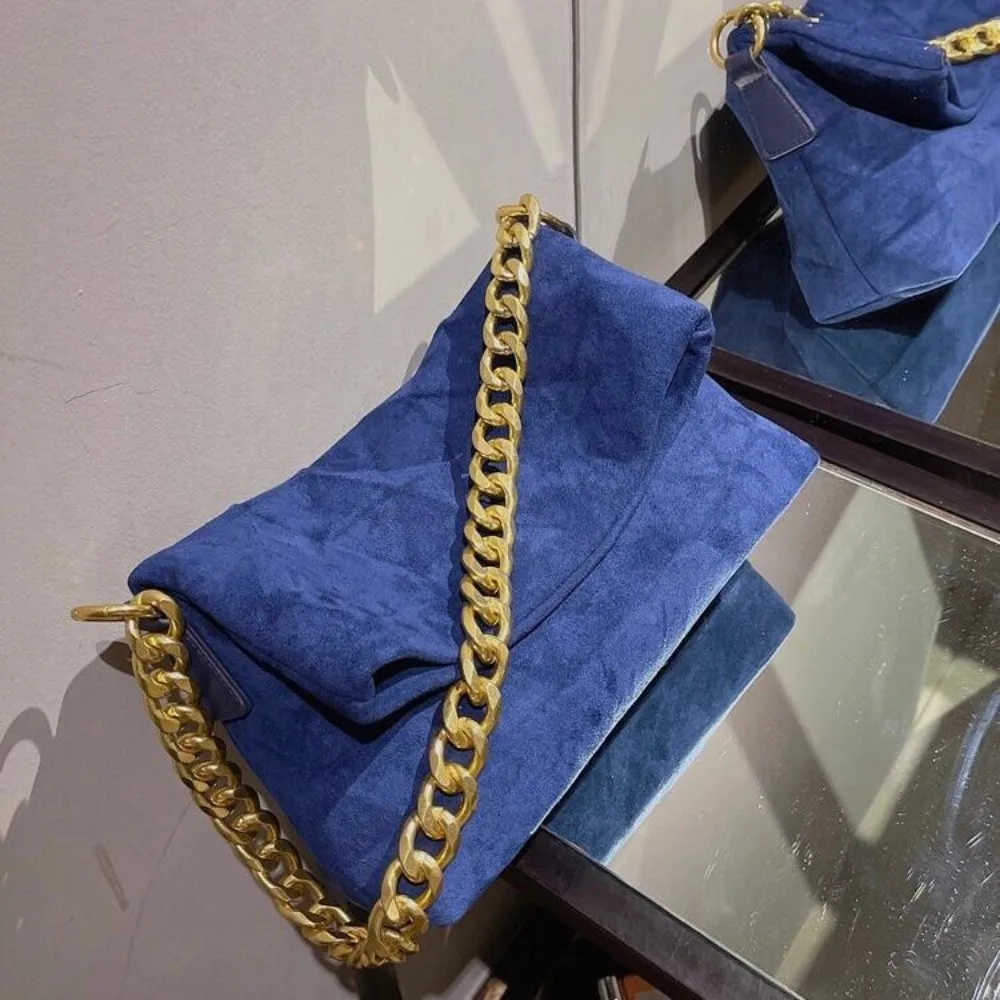 

Fashion Thick Chains Tote Faux Suede Shoulder Bags for Women Designer Handbag Casual Blue Underarm Bag Frosted Shopper Purses