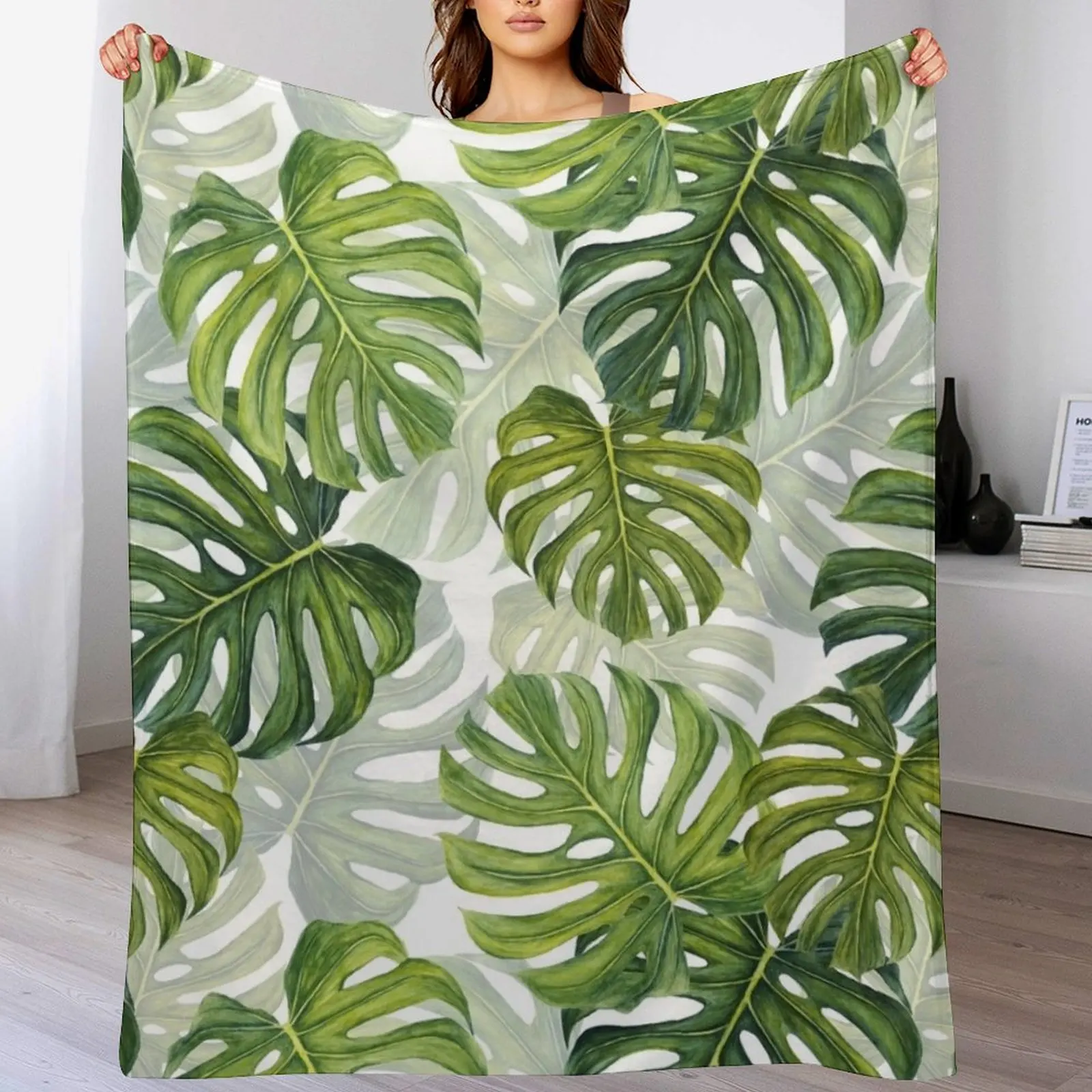 

Monstera Leaf Tropical Pattern - Green Throw Blanket Travel Size Cozy Blanket for Plane Train