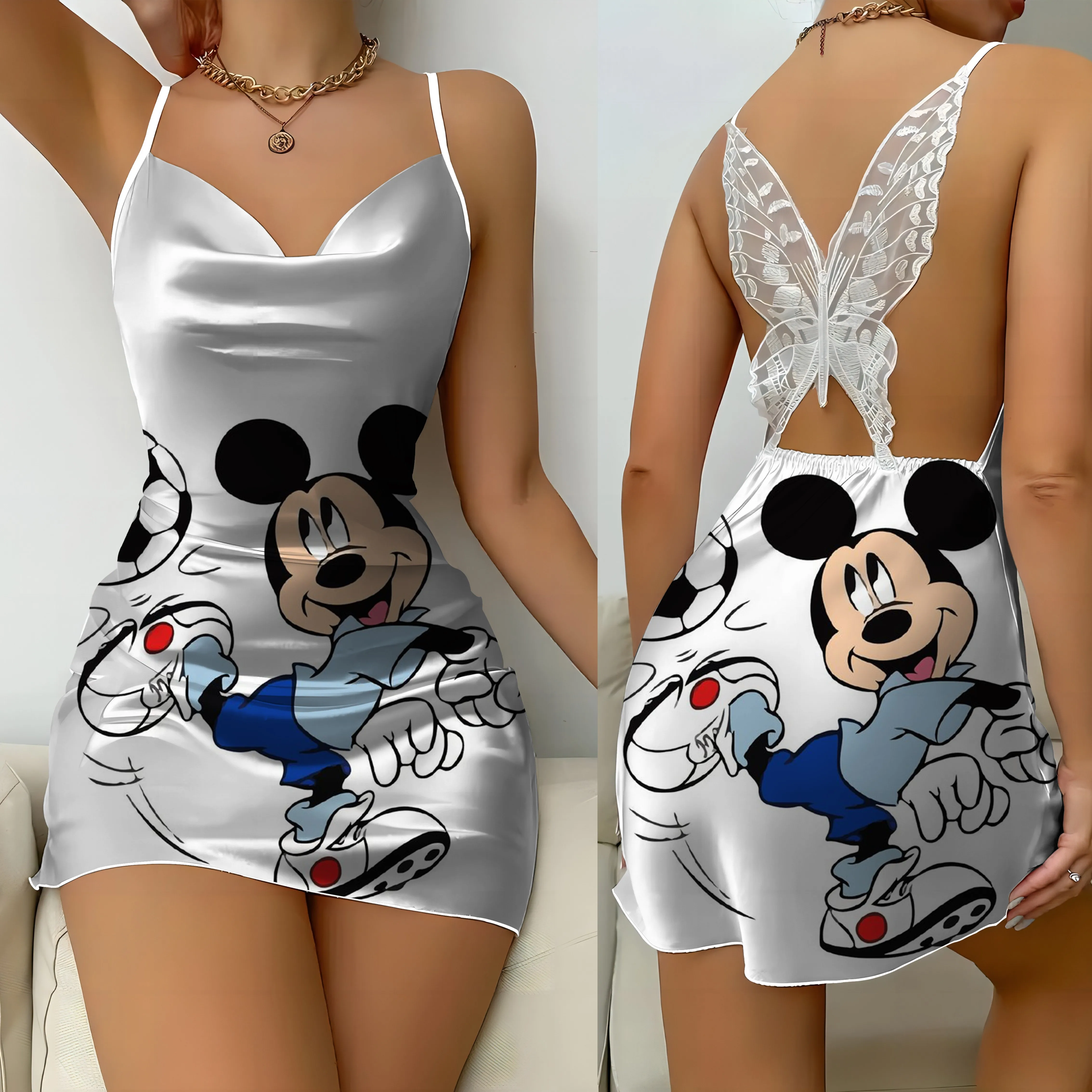 Spitze Kleid Pyjama Rock Mode Sommerkleider Disney Minnie Maus Mickey Bogen Knoten Satin Oberfläche Frauen Party Mini sexy