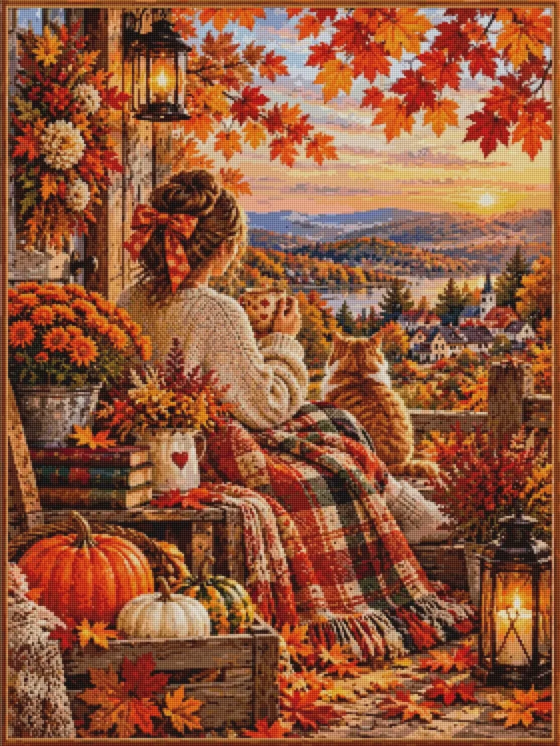 9CT 14ct Autumn Girl With Cat Printed Kits Cross Stitch Embroidery DIY Needlework Set Crafts With Needles Threads 115 Colors
