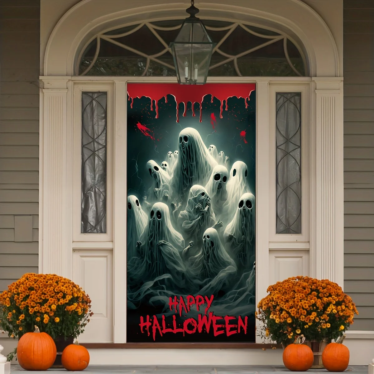 Spooky Halloween Door Cover with Scary Candle Design Durable 100D Polyester Perfect for Haunted House Decoration Door Curtain
