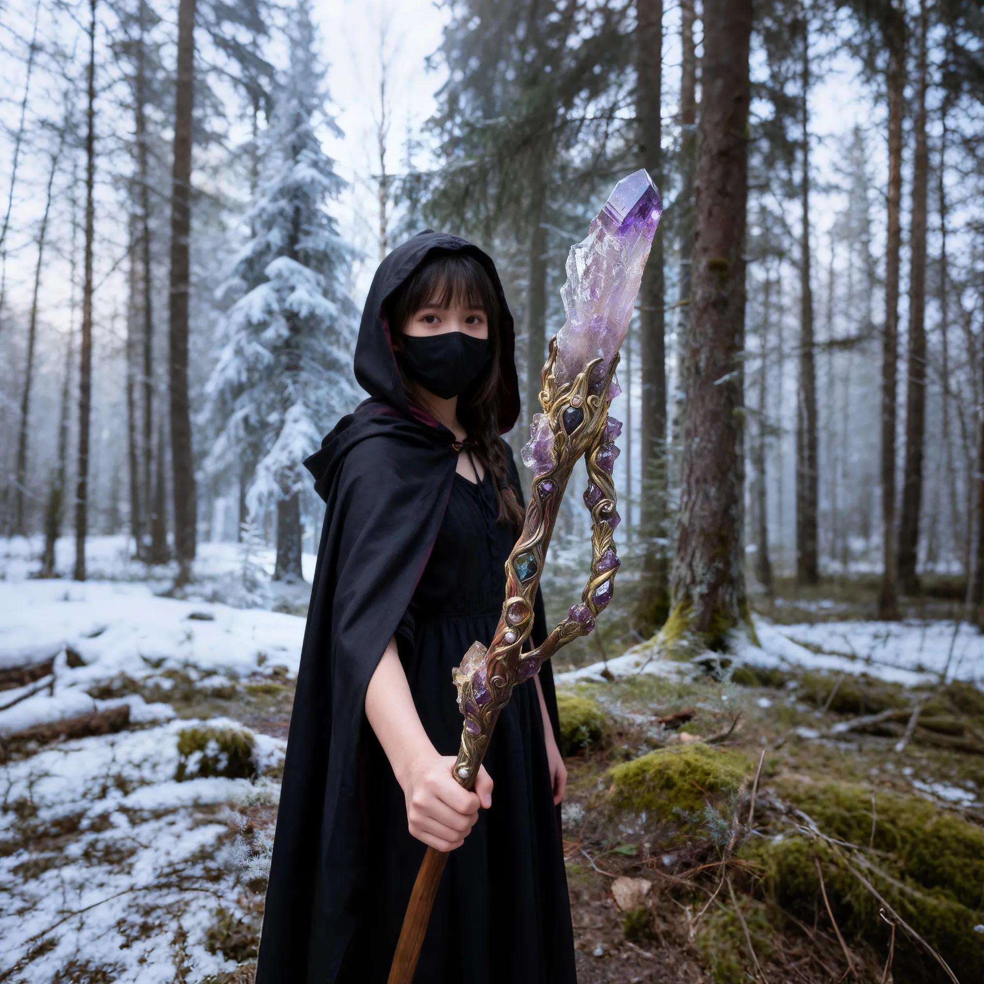 Natural crystal above one meter, natural wood wand is oversized.