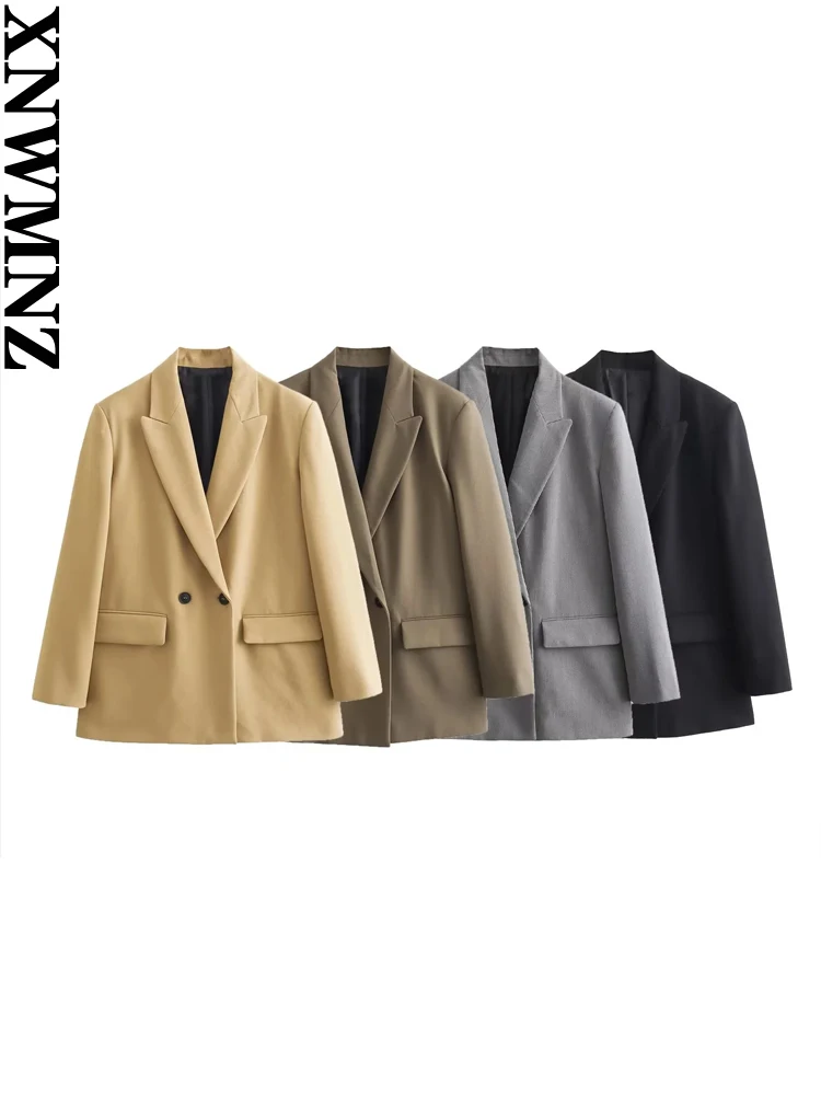 XNWMNZ Women\'s Fashion 2023 Autumn Basic Double Breasted Oversize Blazer Women Retro Long Sleeve Versatile Female Suit Coat