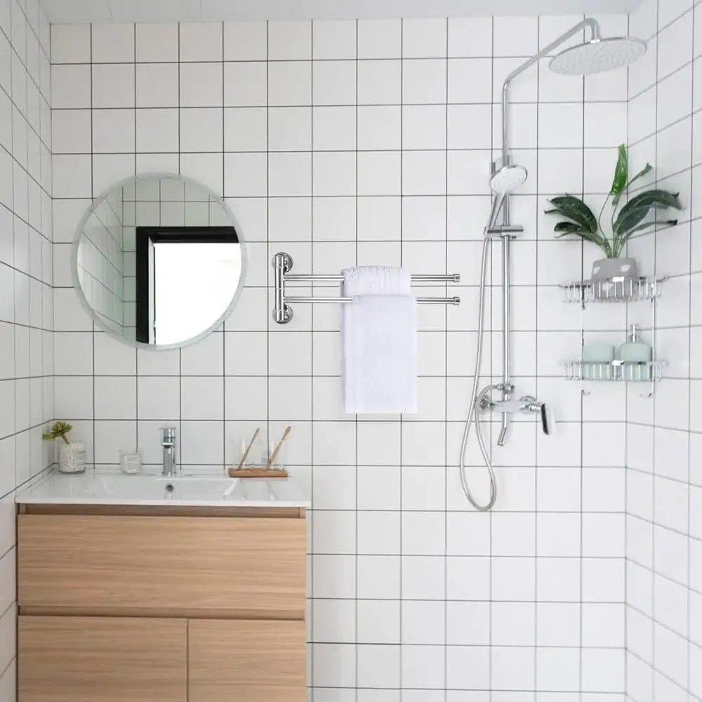Dophee 1pc 2-arm Swivel Towel Rails Fold Out Swivel Towel Holder Bar Rail Hanger Rack Wall Mounted For Bathroom