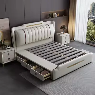 

Hot Sale Modernes drehbares Holzbett Weiches Leder Kopf Queen Direct Hotel möbel Lieferant Up-Holstered Schlafzimmer Set für