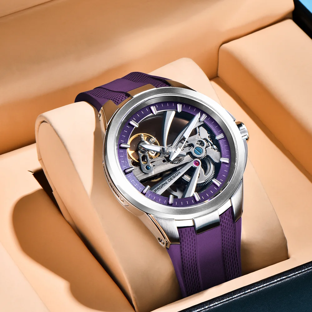 PAGANI DESIGN 2026 42MM Hollow Back Transparent Men Mechanical Watch Purple Tape Sapphire Glass Men Automatic Watches for Men
