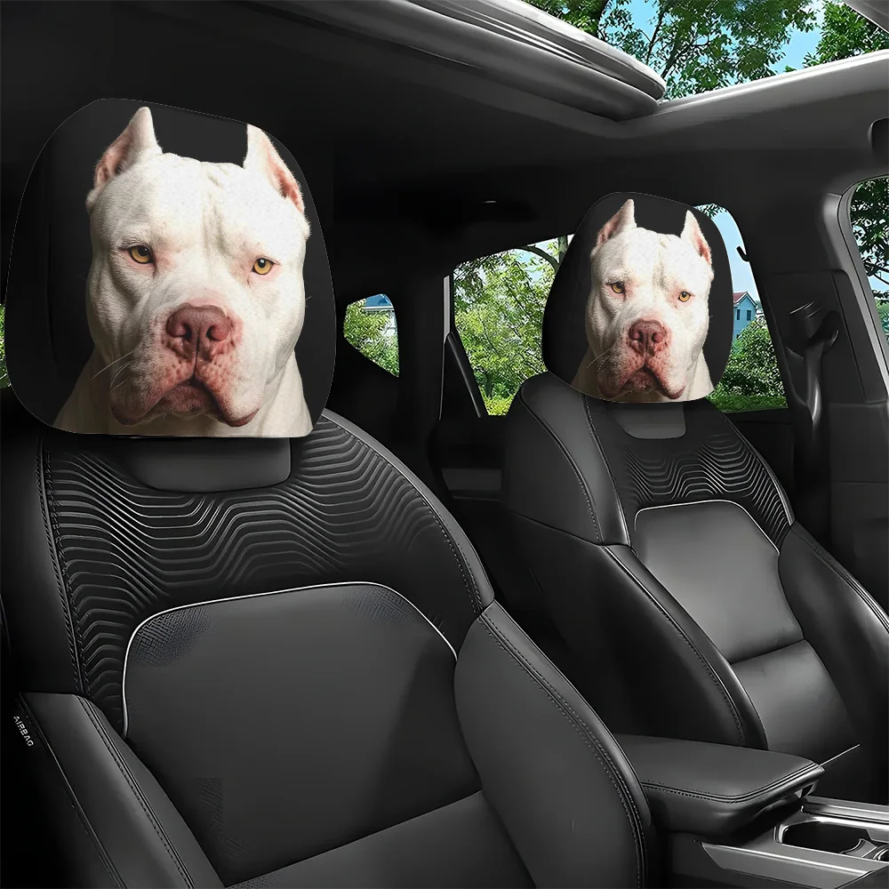 2Pcs White Pit Bull Print Car Headrest Cover Elastic Universal Funny Auto Interior Pillowcase Decor for Daily Travel Commute