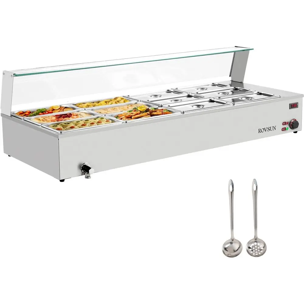 1500 W elektrischer Speisenwärmer mit 12 Pannen, Edelstahl Bain Marie mit Glasschild, Temperaturregelung für Buffet, 110 V