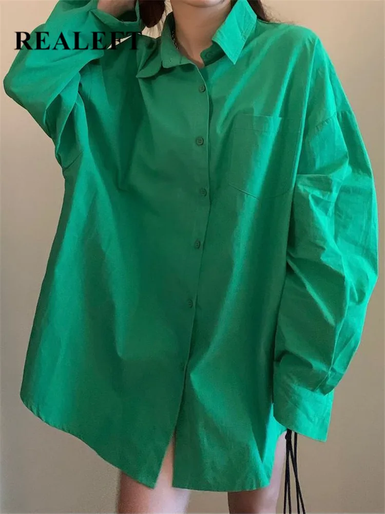 

REALEFT Green One Pocket Loose Women's Blouse 2022 Sping Autumn Long Sleeve Ladies Casual Blouse Street Chic Shirts Tops Female