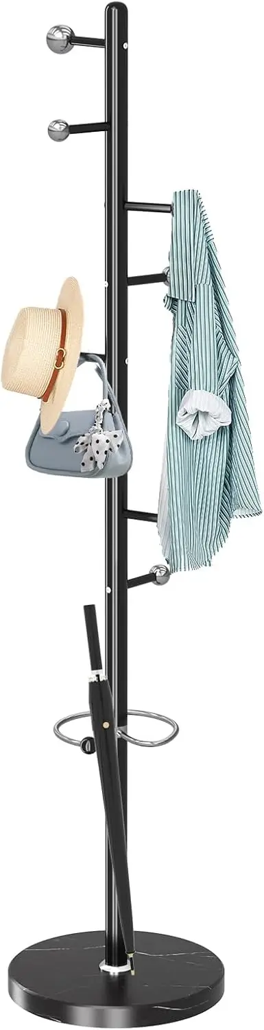 

Современная металлическая вешалка для одежды с мраморным основанием, 8 крючками и держателем для зонтов для прихожей или офиса