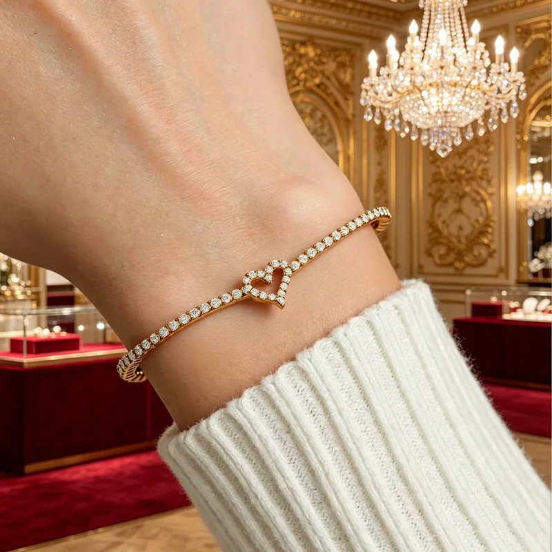 

Fashion Luxurious Stainless Steel Heart Charm Bracelet for Women Shiny Zircon Dainty Bracelets Colorfast Jewelry Party Gift
