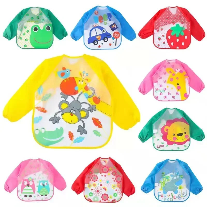 Cute Cartoon Animals Baby Bibs, impermeável, Full Sleeve, Crianças Avental, Alimentação, Colorido, Crianças