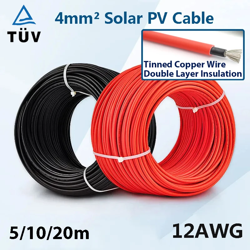 

Solar Power Cable 4mm2 12AWG Wire PV Photovoltaic Cable TÜV TUV Cable For PV Panels Connection Red Black Jacket 5/10/20m