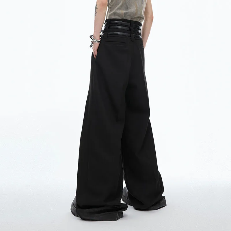 FEWQ Draping Pleated Waist Belt Design Pants Advanced Loose High Waist Straight Leg Casual 2024 Darkwear Male Trousers 24X9228