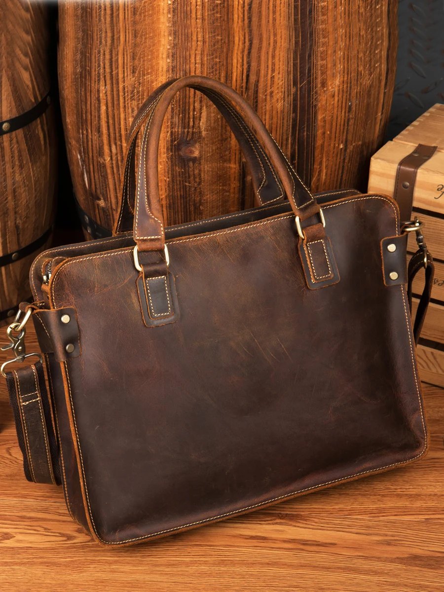 High Quality First Layer Cowhide Handbag Leather Men\'s Bag Briefcase Casual Crazy Horse Retro Shoulder Messenger