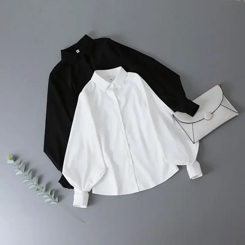 Deeptown Lantern Sleeves Vintage Shirts Women Elegant White Womens Blouse with Lush Sleeves 2024 Fashion Button Up Shirt Black