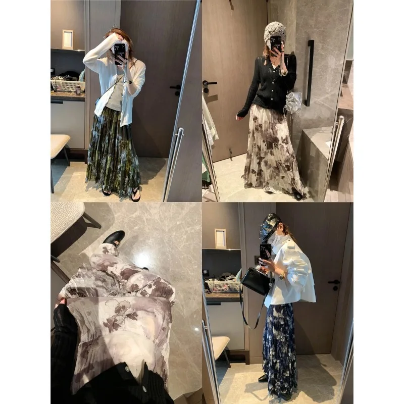 French Oil Painting Style Print High-waisted Slimming Skirt Floral Print Pleated Skirt High Waist Elegant Skirt For Women 42GA