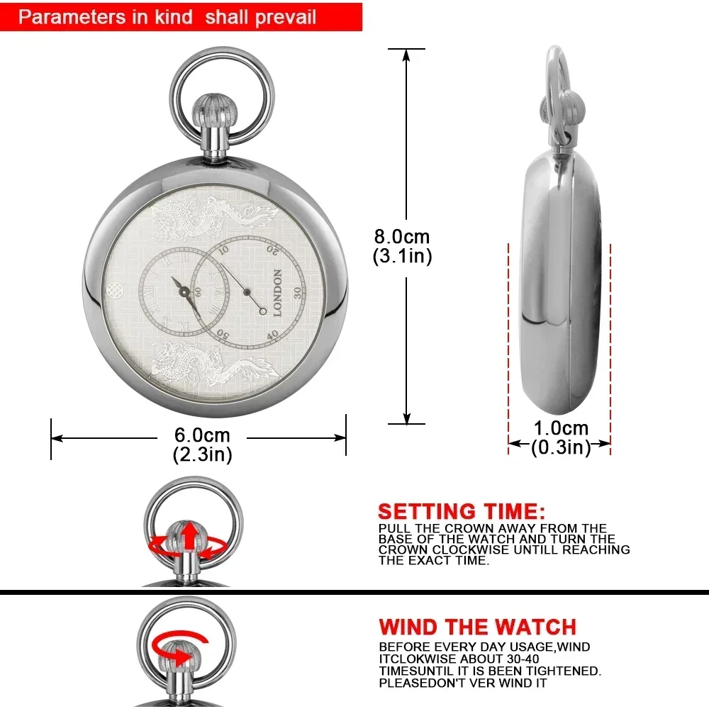 Montre de Poche Mécanique de Luxe en Argent et Acier Inoxydable, Mécanisme Manuel, Pendentif de Chasseur, Boîte Originale