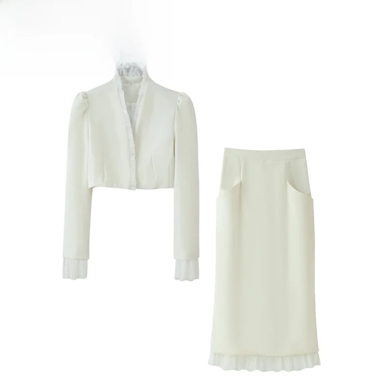 Fashionable Mesh Splice Short Suit Jacket And Skirt Set for Women Elegant Autumn Spring Summer Outfit Two Piece Set
