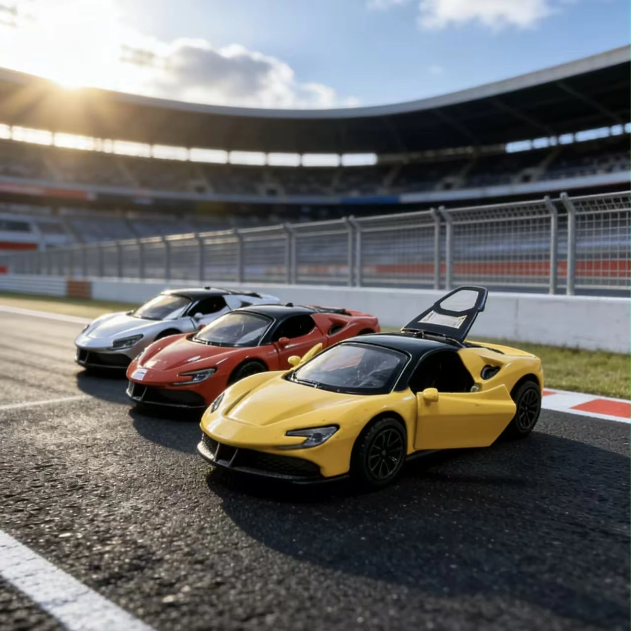 

(Corrugated box) 1/43 scale, super sports car style toy car, powerful spring function, can open three doors. Metal casting. Boys