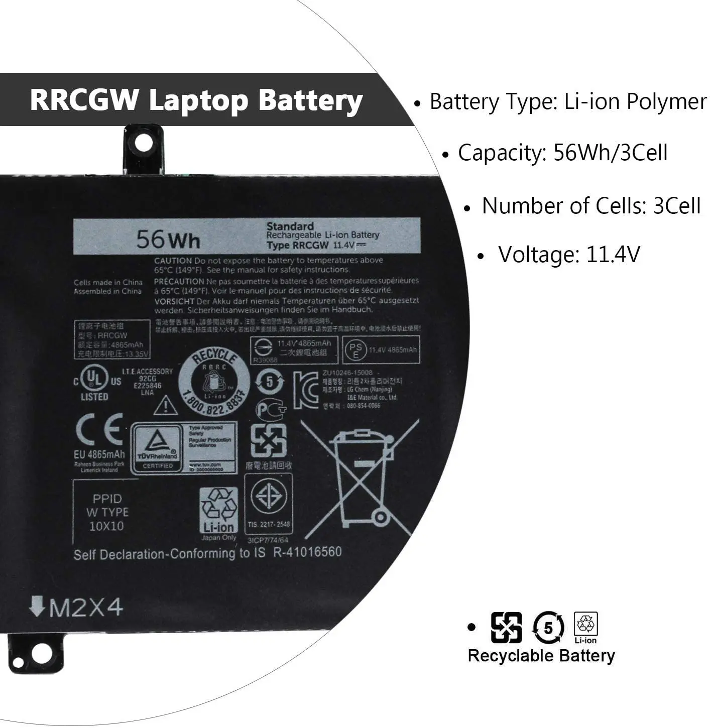 Nueva RRCGW batería de repuesto Compatible con Dell XPS 15 9550 Dell Precision 5510 RRCGW M7R96 62MJV [11,4 V 56Wh]