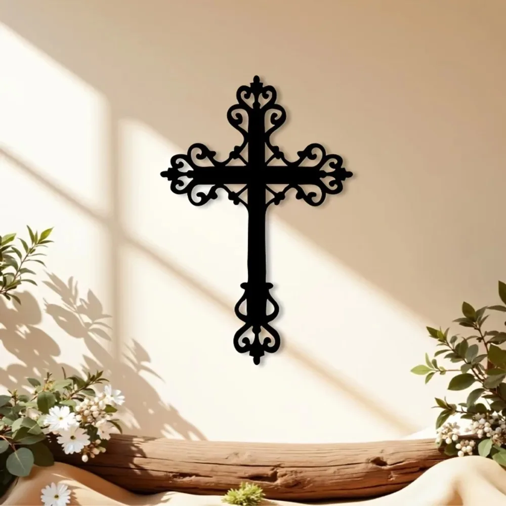 Ornate Retro Iron Cross Wall Decor Religious Metal Sculpture for Home Church Office