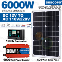 SOECOPO 6000W System Complete Kit 500W Panel Solar DC 12V to AC 110V/220V Inverter 100A Controller Off-Grid for Home/Camping