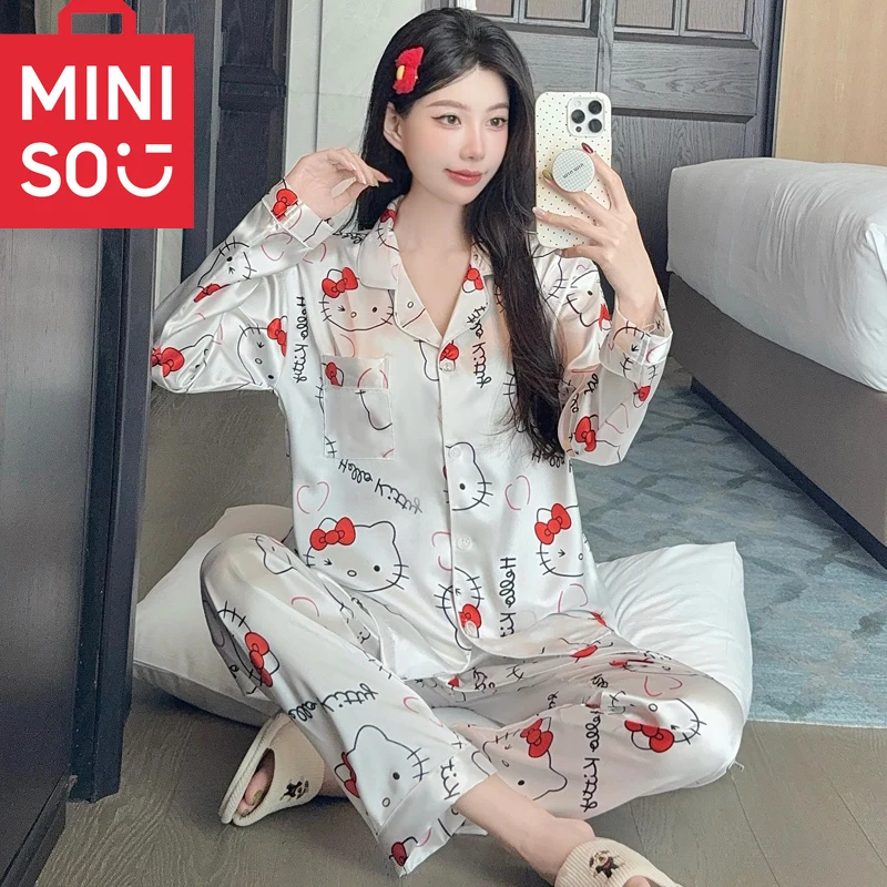 طقم بيجامة لطيف مطبوع عليه حروف هالو كيتي للسيدات للخريف ملابس نوم لطيفة على الموضة الكورية الحلوة طقم مكون من قطعتين للشتاء