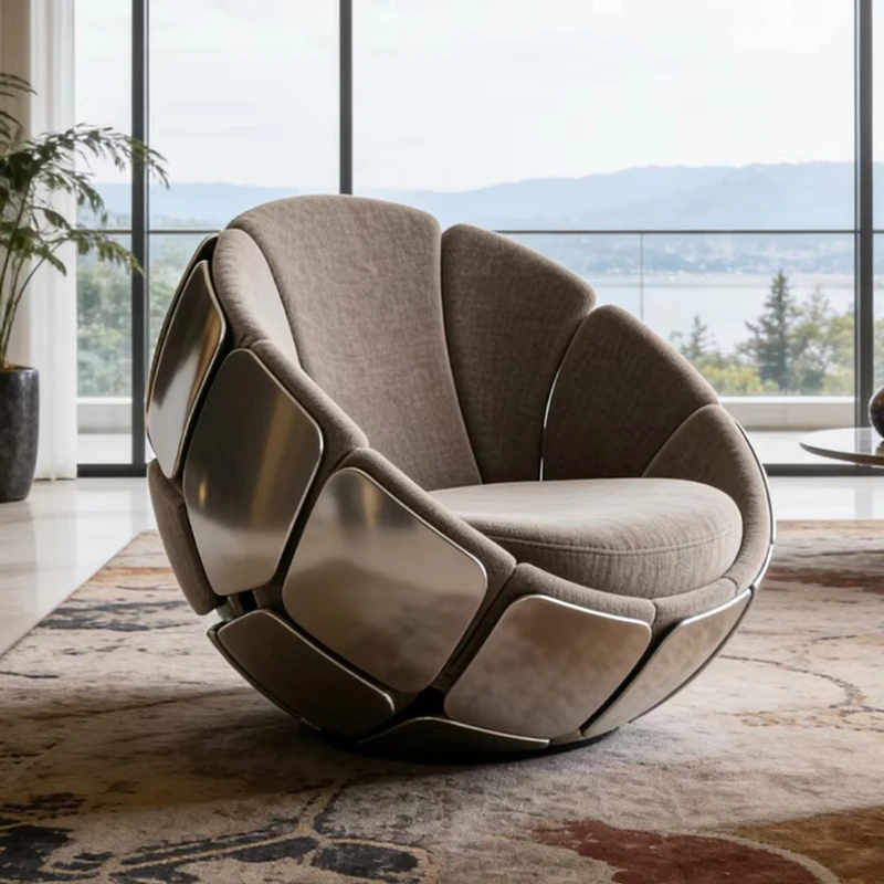 

Modern luxury spherical decorative chair, velvet upholstered metal armchair, rotating floral casual seat