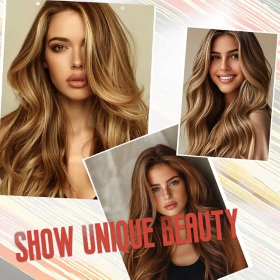 Lange braune gemischte blonde Perücken für Frauen mit natürlichen Highlights, Mittelteil, synthetisches lockiges Haar, Ersatzperücken für den täglichen Gebrauch